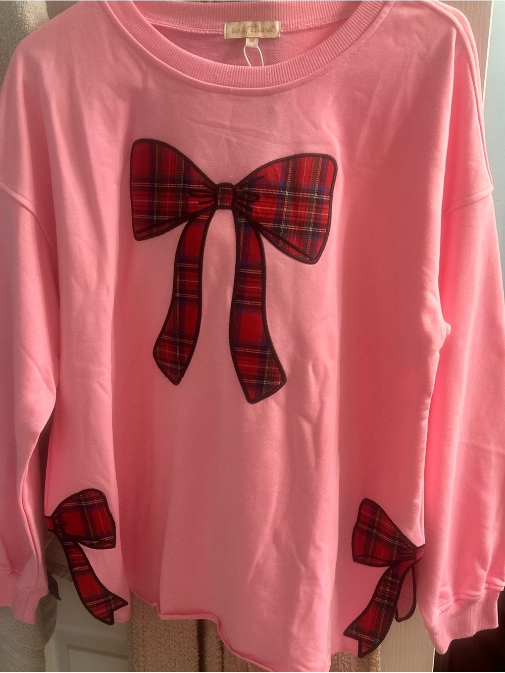 Simply Southern Pink Sweatshirt with Red Plaid Bow AppliquΓ©s